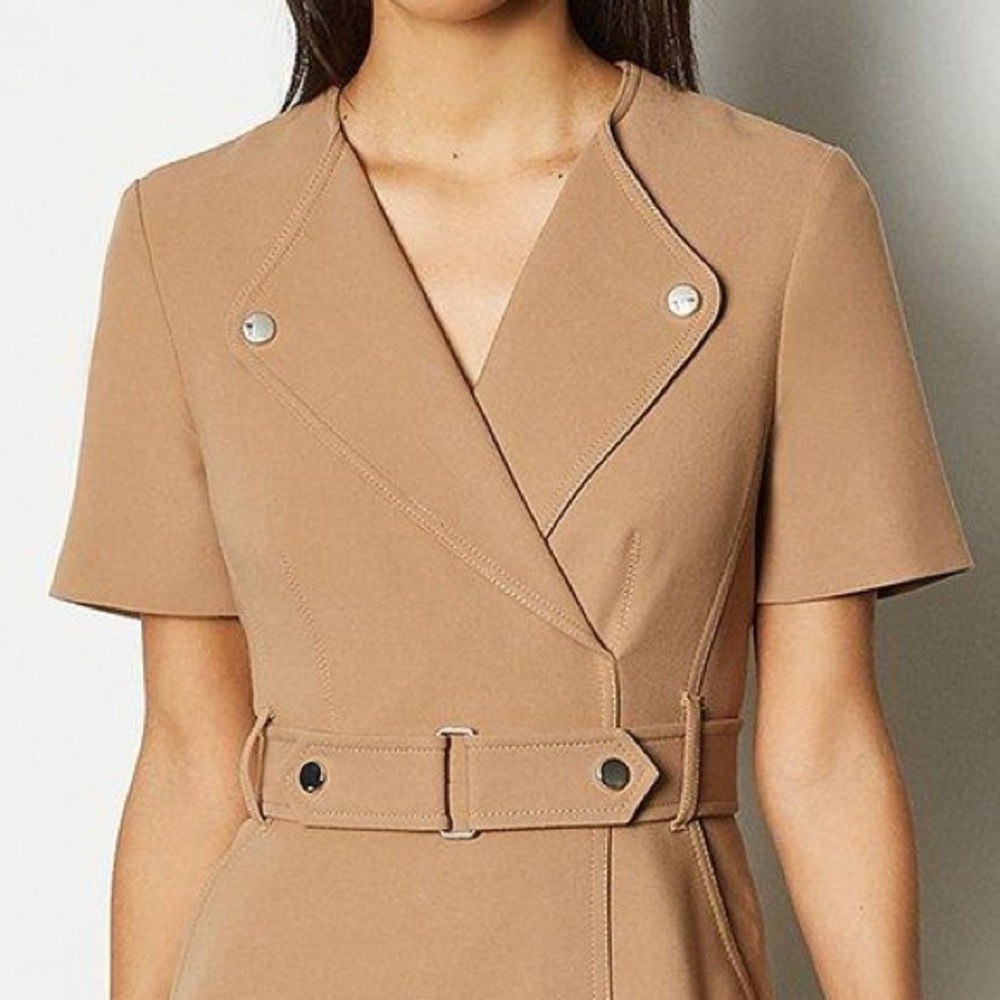 Karen Millen Cinch Waist Short Sleeve Belted Dress in Camel